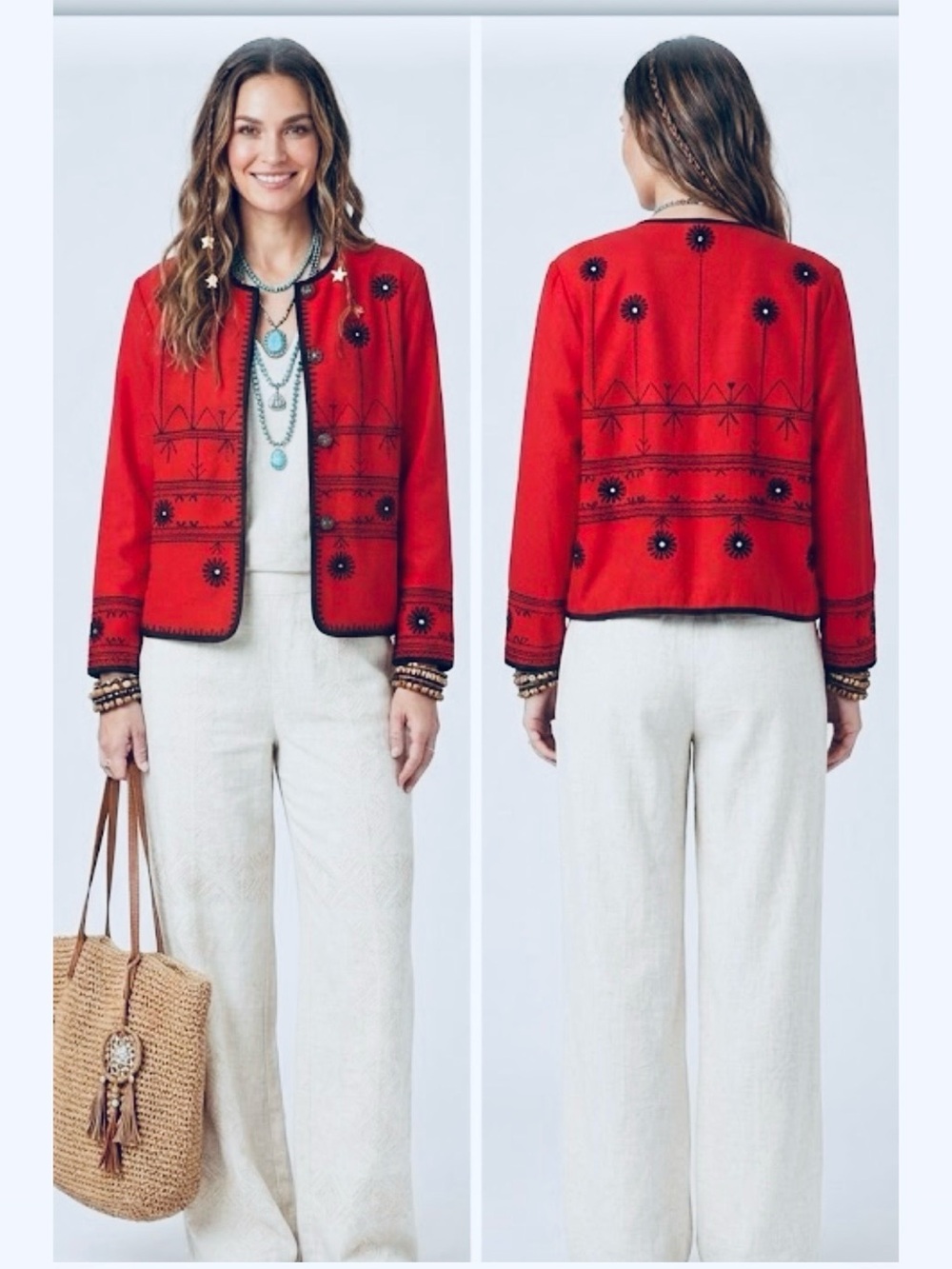 Allure. Vintage Red Embroidered Jacket – Boho Floral Button-Up. Size XL